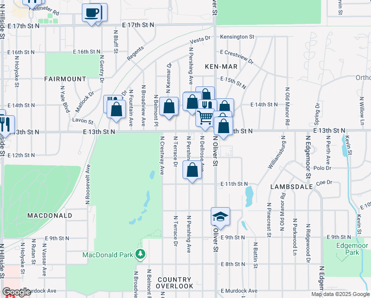 map of restaurants, bars, coffee shops, grocery stores, and more near 1312 North Pershing Street in Wichita