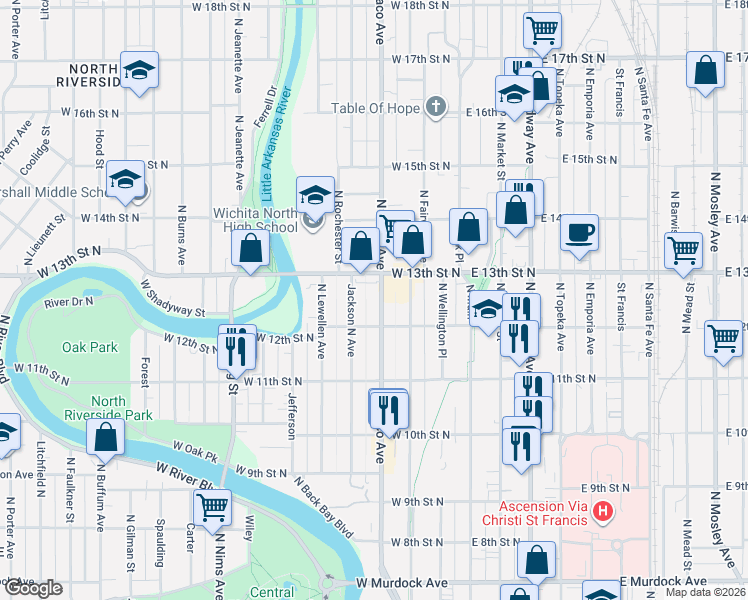 map of restaurants, bars, coffee shops, grocery stores, and more near 1327 North Waco Avenue in Wichita
