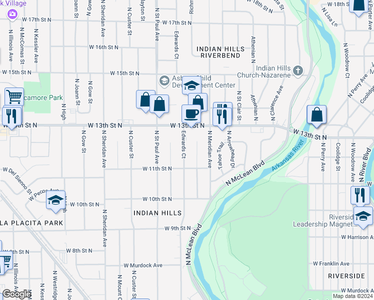 map of restaurants, bars, coffee shops, grocery stores, and more near 1301 North Edwards in Wichita