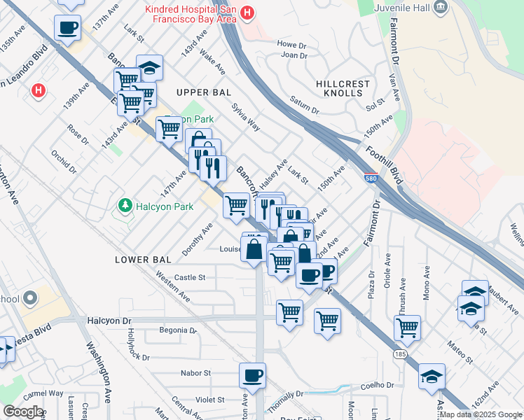 map of restaurants, bars, coffee shops, grocery stores, and more near 1506 Peters Street in San Leandro