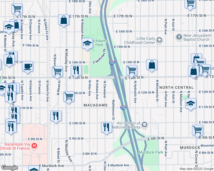 map of restaurants, bars, coffee shops, grocery stores, and more near 1326 North Cleveland in Wichita