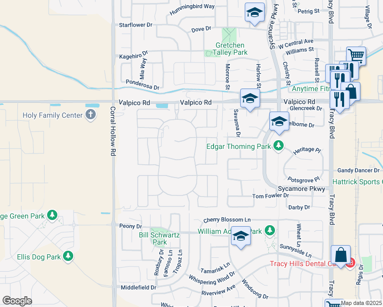 map of restaurants, bars, coffee shops, grocery stores, and more near 11150 Valpico Road in Tracy