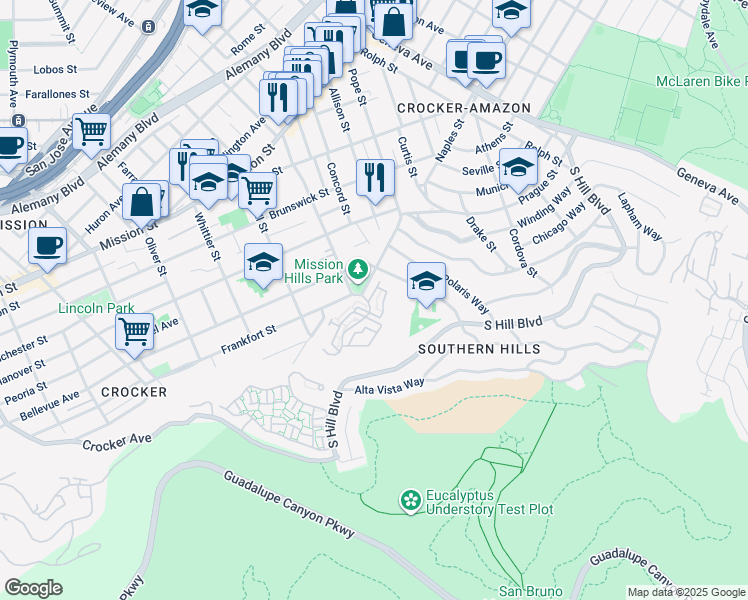 map of restaurants, bars, coffee shops, grocery stores, and more near 1003 San Antonio Circle in Daly City