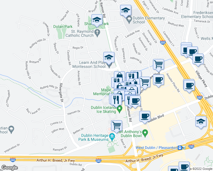 map of restaurants, bars, coffee shops, grocery stores, and more near 7501 Calle Verde Road in Dublin
