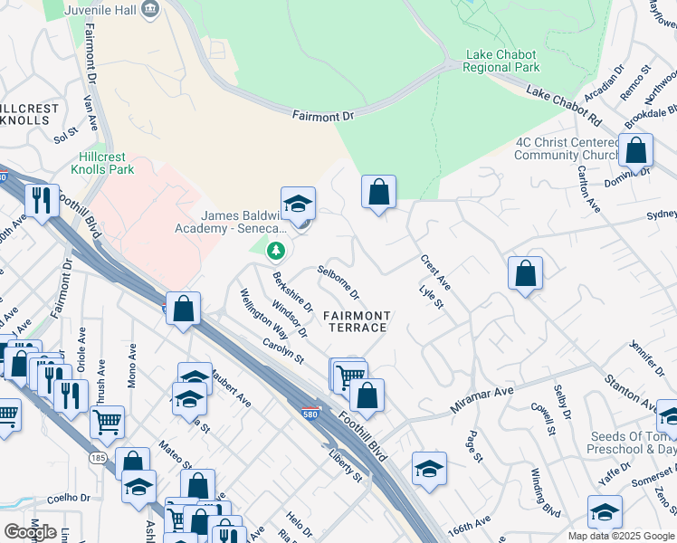 map of restaurants, bars, coffee shops, grocery stores, and more near 16025 Selborne Drive in San Leandro