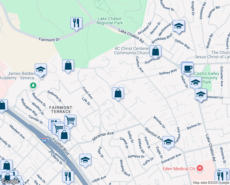 map of restaurants, bars, coffee shops, grocery stores, and more near 18760 Stanton Avenue in Castro Valley