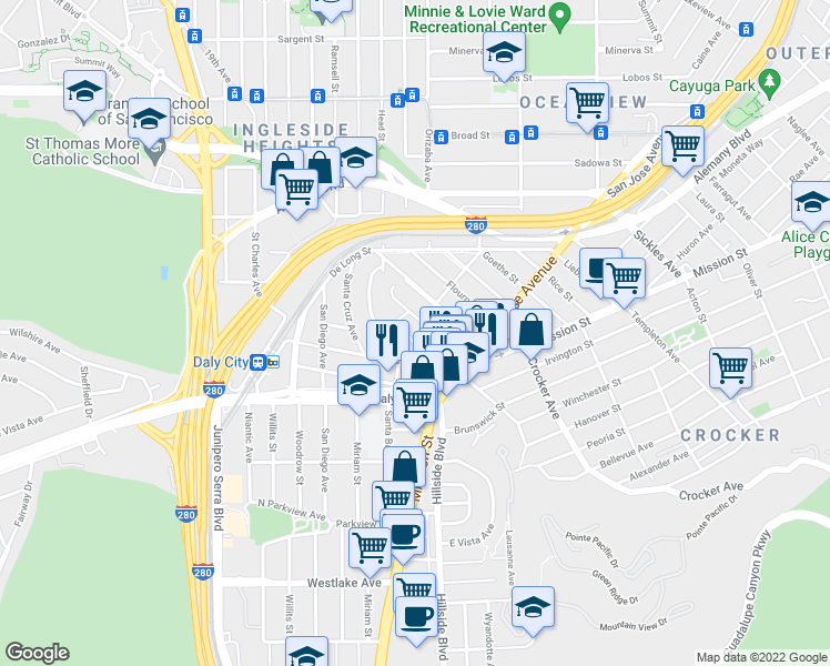 map of restaurants, bars, coffee shops, grocery stores, and more near 44 Vendome Avenue in Daly City