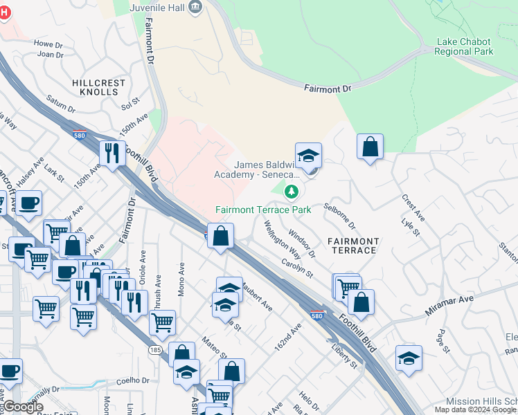 map of restaurants, bars, coffee shops, grocery stores, and more near 2001 Manchester Road in San Leandro