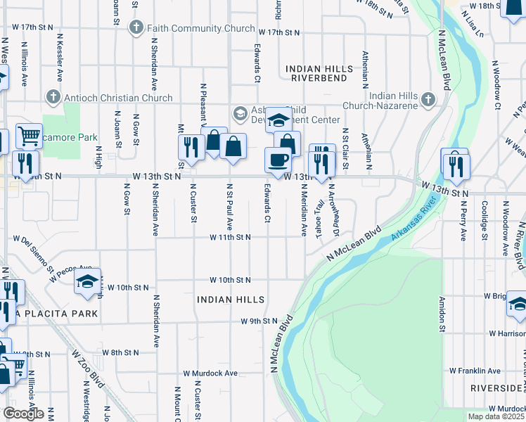map of restaurants, bars, coffee shops, grocery stores, and more near 1301 North Edwards in Wichita