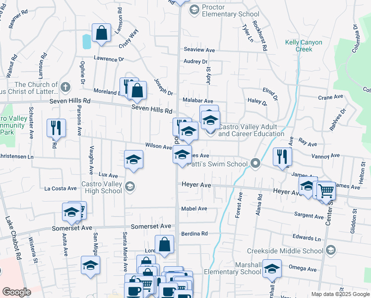 map of restaurants, bars, coffee shops, grocery stores, and more near 4200 James Avenue in Castro Valley