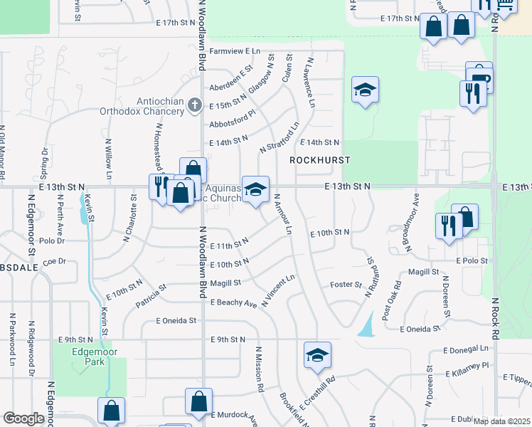 map of restaurants, bars, coffee shops, grocery stores, and more near 1208 North Stratford Lane in Wichita
