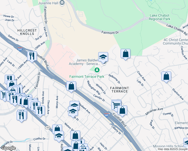 map of restaurants, bars, coffee shops, grocery stores, and more near 2056 Manchester Road in San Leandro