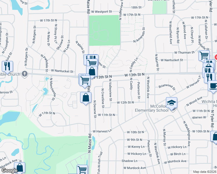 map of restaurants, bars, coffee shops, grocery stores, and more near 1381 North Valleyview Street in Wichita