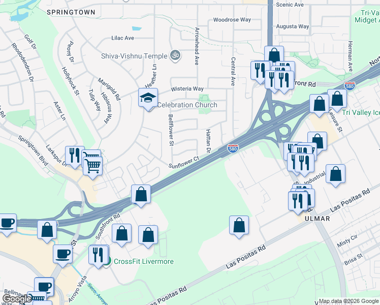 map of restaurants, bars, coffee shops, grocery stores, and more near 5437 Moonflower Way in Livermore