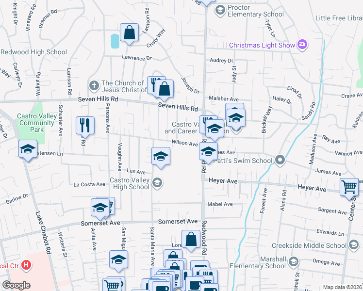 map of restaurants, bars, coffee shops, grocery stores, and more near 4131 Wilson Avenue in Castro Valley