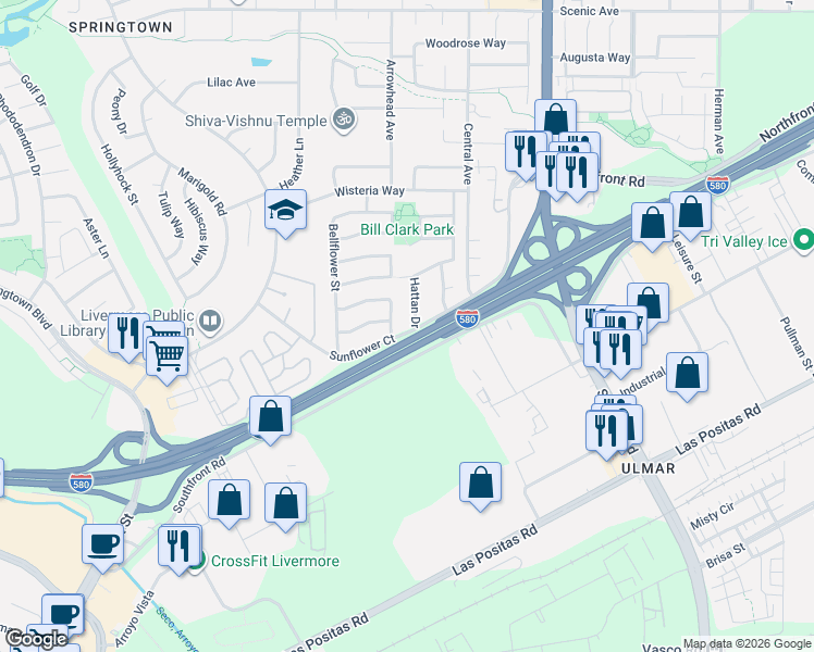 map of restaurants, bars, coffee shops, grocery stores, and more near 704 Hattan Drive in Livermore
