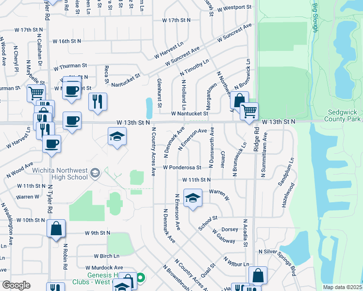 map of restaurants, bars, coffee shops, grocery stores, and more near in Wichita