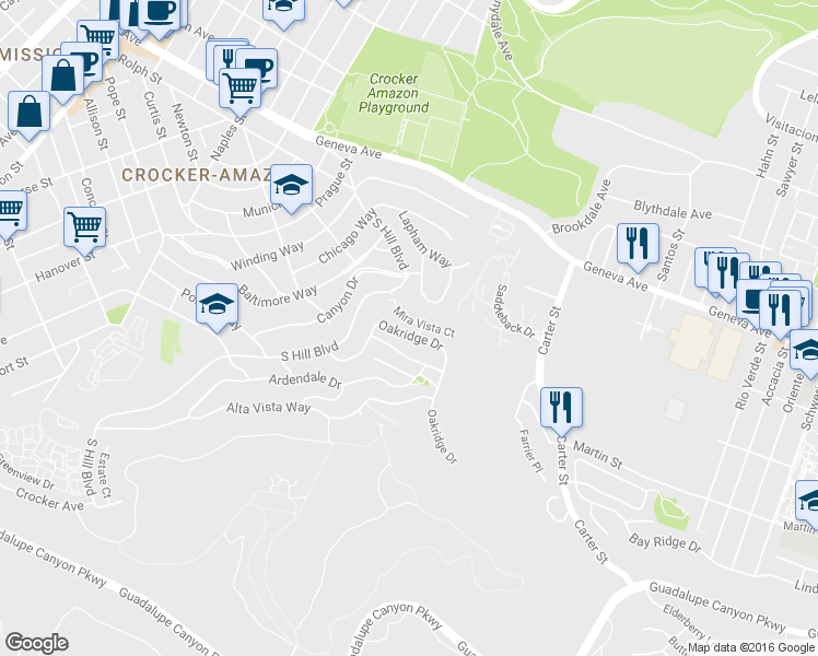 map of restaurants, bars, coffee shops, grocery stores, and more near 87 Oakridge Drive in Daly City