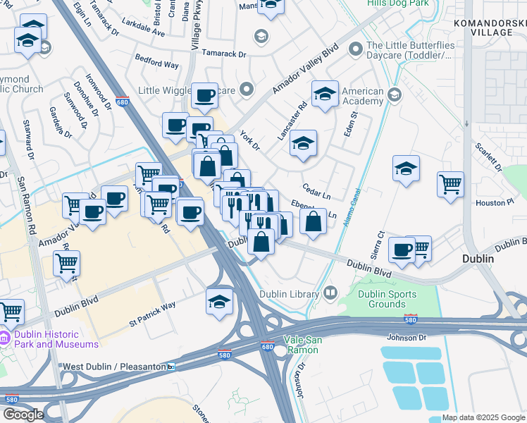 map of restaurants, bars, coffee shops, grocery stores, and more near 6760 Maple Drive in Dublin