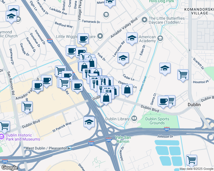 map of restaurants, bars, coffee shops, grocery stores, and more near 6760 Maple Drive in Dublin
