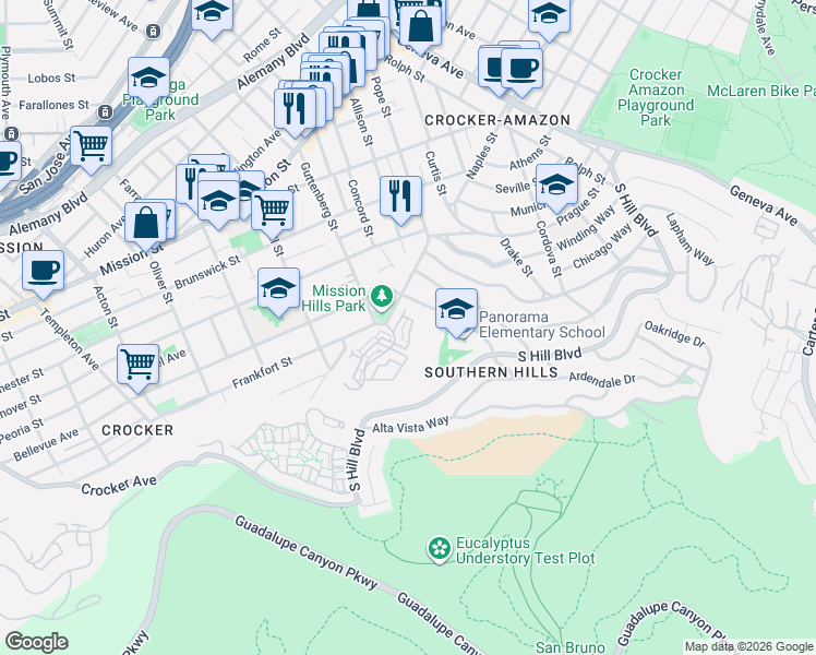 map of restaurants, bars, coffee shops, grocery stores, and more near 1005 Mission Hills Drive in Daly City