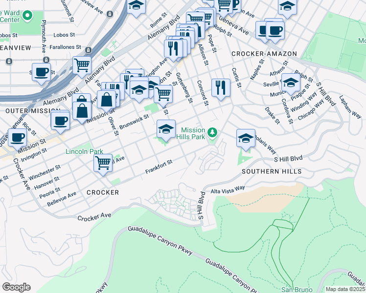 map of restaurants, bars, coffee shops, grocery stores, and more near 449 Lowell Street in Daly City