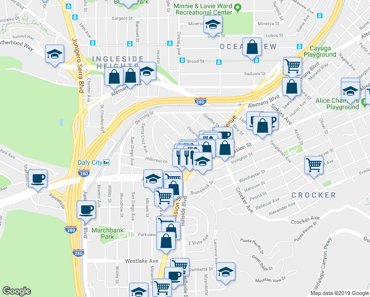map of restaurants, bars, coffee shops, grocery stores, and more near 27 Shakespeare Street in Daly City