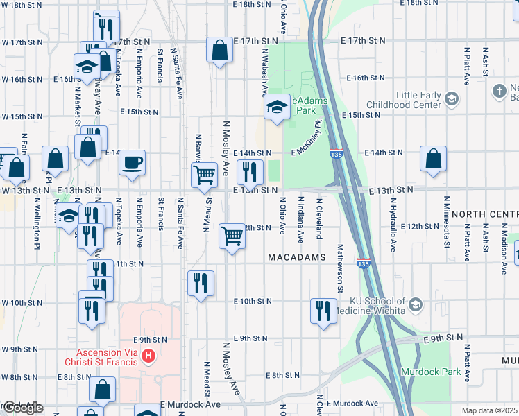 map of restaurants, bars, coffee shops, grocery stores, and more near 1336 N Washington St in Wichita