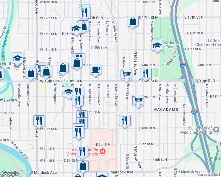 map of restaurants, bars, coffee shops, grocery stores, and more near 1327 Saint Francis in Wichita