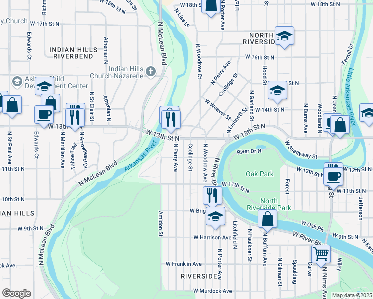 map of restaurants, bars, coffee shops, grocery stores, and more near 1305 N Coolidge Ave in Wichita