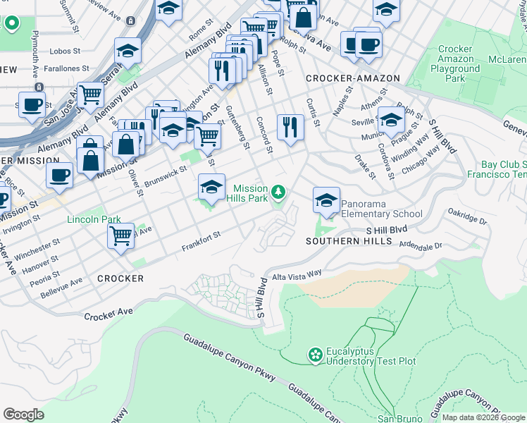 map of restaurants, bars, coffee shops, grocery stores, and more near 20 Frankfort Street in Daly City