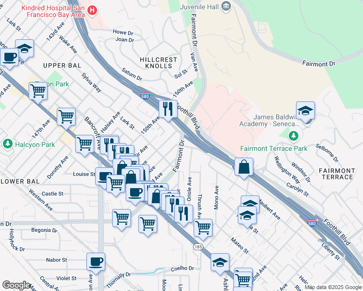 map of restaurants, bars, coffee shops, grocery stores, and more near 1760 Fairmont Drive in San Leandro
