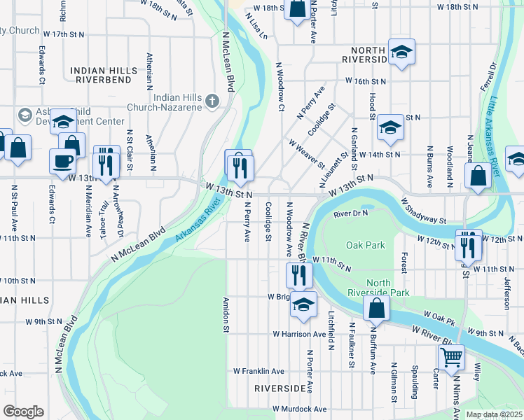 map of restaurants, bars, coffee shops, grocery stores, and more near 1305 N Coolidge Ave in Wichita