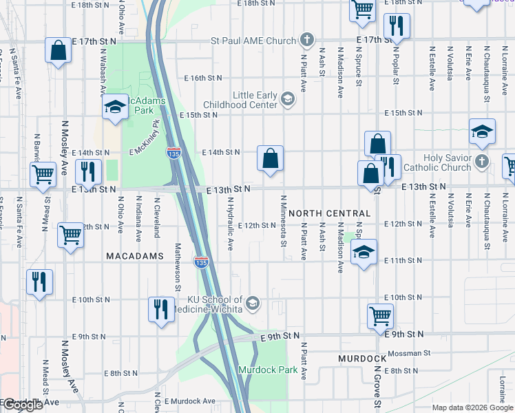 map of restaurants, bars, coffee shops, grocery stores, and more near 1327 North Minneapolis Street in Wichita