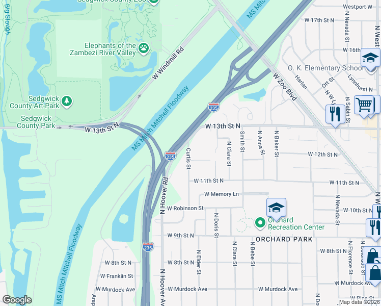 map of restaurants, bars, coffee shops, grocery stores, and more near 1350 Curtis Street in Wichita