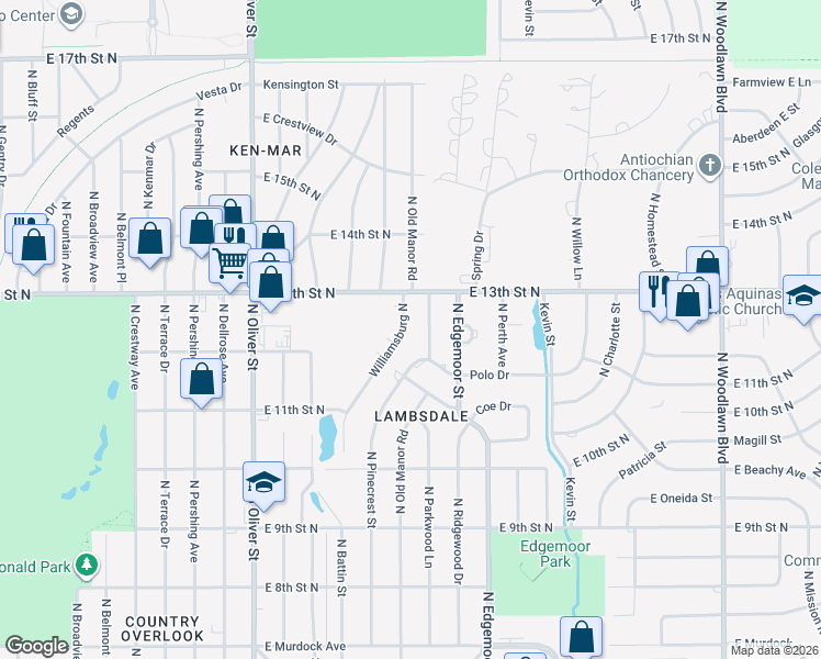 map of restaurants, bars, coffee shops, grocery stores, and more near 1324 Williamsburg North in Wichita