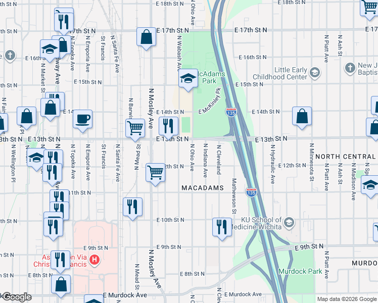 map of restaurants, bars, coffee shops, grocery stores, and more near 1327 North Ohio Avenue in Wichita