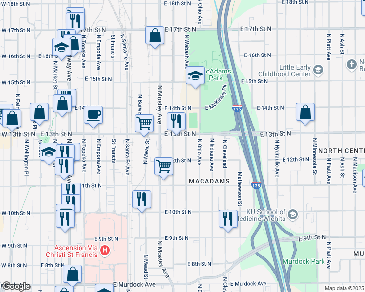 map of restaurants, bars, coffee shops, grocery stores, and more near 1336 N Washington St in Wichita