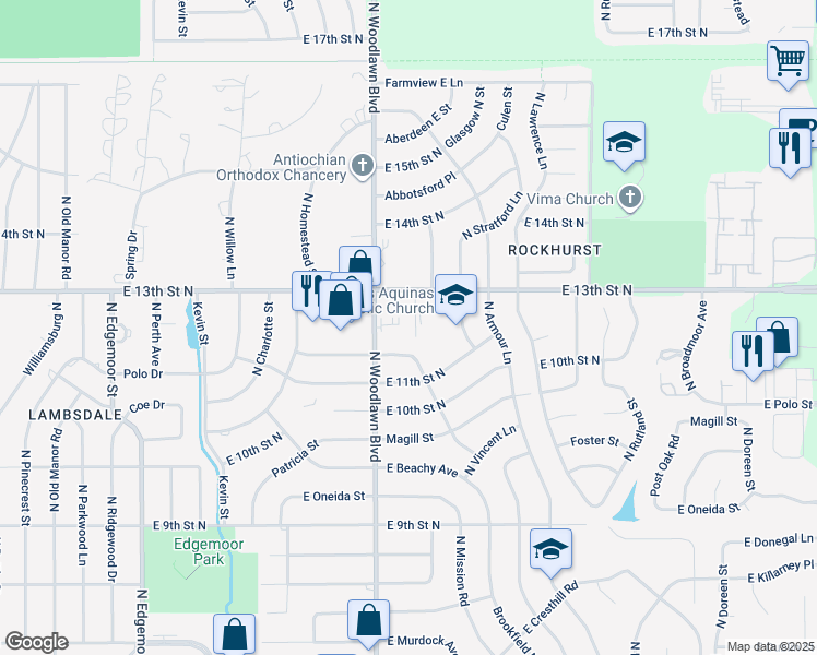 map of restaurants, bars, coffee shops, grocery stores, and more near 1322 North Woodlawn Street in Wichita