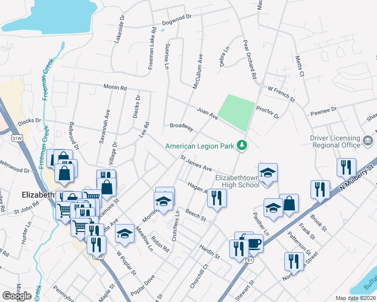 map of restaurants, bars, coffee shops, grocery stores, and more near 401-407 St James Ave in Elizabethtown
