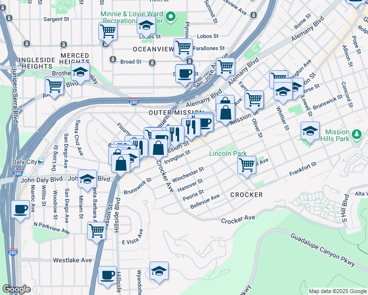map of restaurants, bars, coffee shops, grocery stores, and more near 6085 Mission Street in Daly City