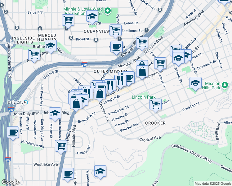 map of restaurants, bars, coffee shops, grocery stores, and more near 6085 Mission Street in Daly City