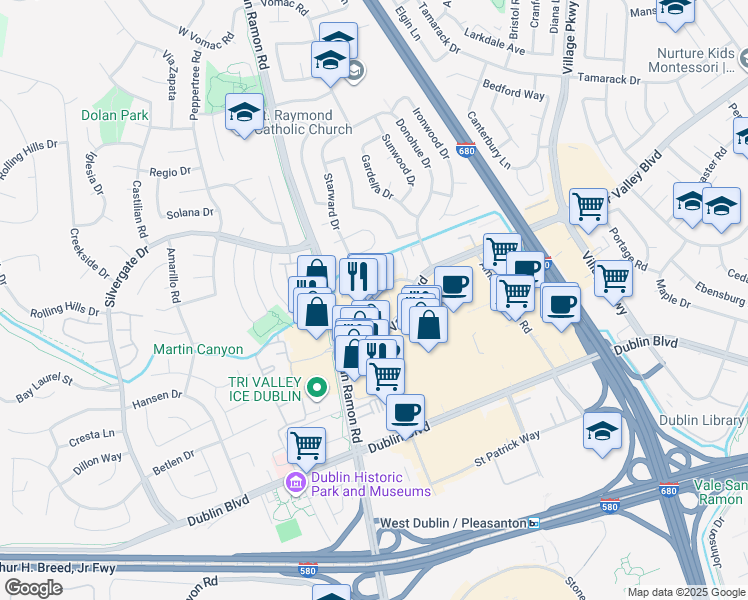map of restaurants, bars, coffee shops, grocery stores, and more near 4038 Gallagher Lane in Dublin