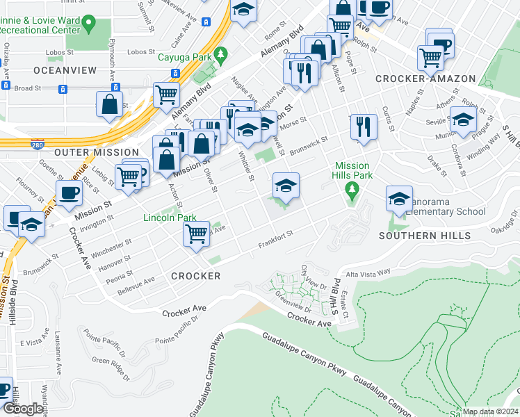 map of restaurants, bars, coffee shops, grocery stores, and more near 234 Whittier Street in Daly City