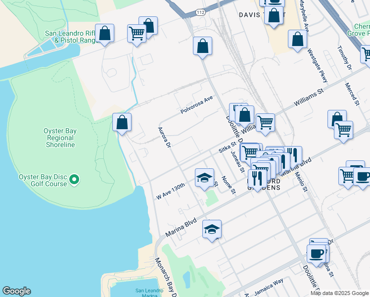 map of restaurants, bars, coffee shops, grocery stores, and more near 2388 Williams Street in San Leandro
