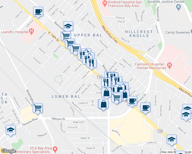 map of restaurants, bars, coffee shops, grocery stores, and more near 14835 East 14th Street in San Leandro