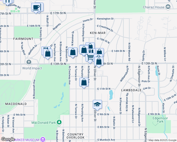 map of restaurants, bars, coffee shops, grocery stores, and more near 1312 North Pershing Street in Wichita