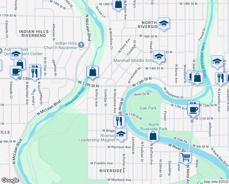 map of restaurants, bars, coffee shops, grocery stores, and more near 1312 Woodrow Street in Wichita