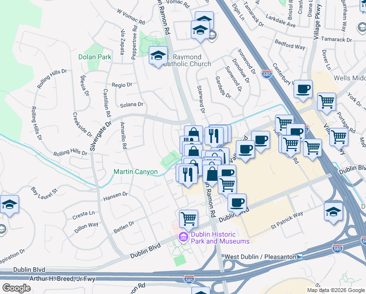 map of restaurants, bars, coffee shops, grocery stores, and more near 7650 Arbor Creek Circle in Dublin