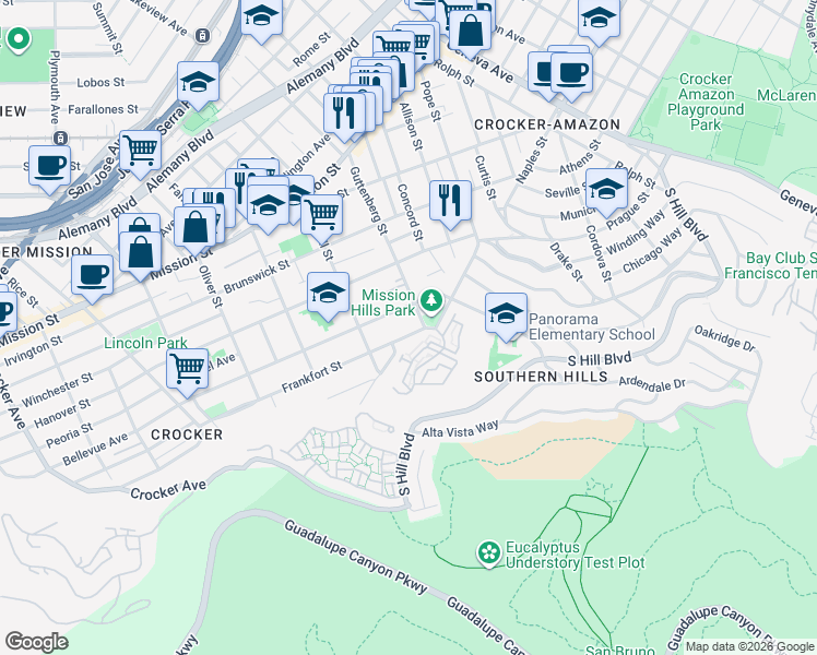 map of restaurants, bars, coffee shops, grocery stores, and more near 20 Frankfort Street in Daly City
